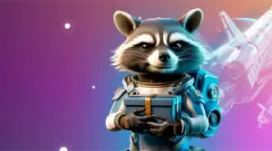 Изображение енота в солнечных очках с скипетром, празднующего с воздушными шарами и золотыми монетами, символизирующее приветственный бонус в Bollywood Казино.